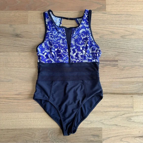 Athleta Batik Floral Mesh Detail Plunge Back Swimsuit - Picture 3 of 8